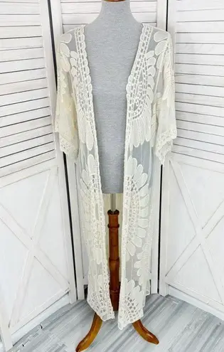 Rebellion  Again Lace Boho Kimono Cadigan Duster Cream Small Midi