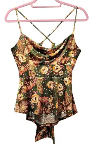 Lily White Floral Cami Top Criss Cross Back Tie Peplum Green Orange L