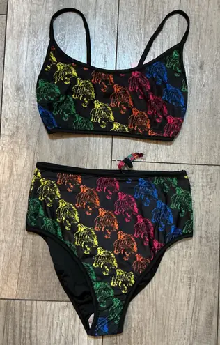Feather 11 Rainbow Turtle Print Bikini Set High Waisted Swimsuit S Black