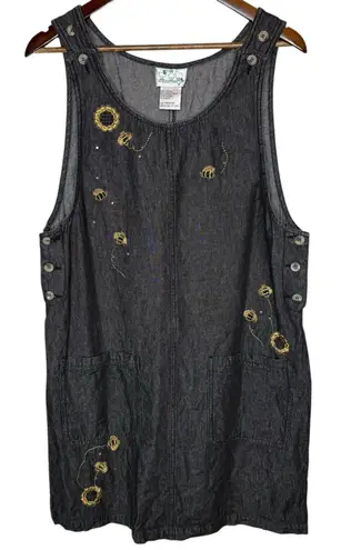 Quacker Factory Vintage Denim Sleeveless Embroidered Rhinestone Dress Bee Medium Gray