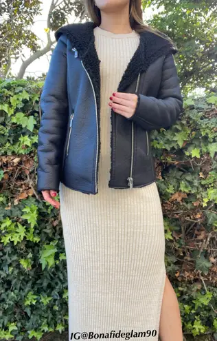 Mauritius Alexia Faux leather shearling biker jacket with zipper detail hood S