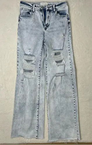 Risen Jeans Blue White Light Wash Denim Wide Leg Distressed Knee Frayed Hem 7/28