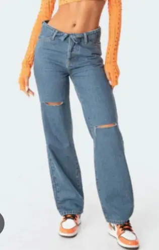 Edikted Jeans Womens Extra Small Blue High Rise Straight Leg Distressed Rips