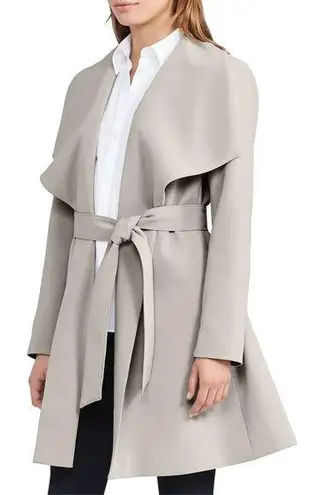 NEW Lauren Ralph Lauren LRL Crepe Drape Front Belted Coat Cork Gray Large L NWT