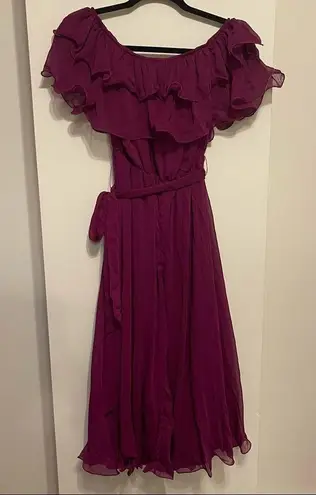 TRENDYOL MİLLA Plum Carmen Collar Midi Dress Off the Shoulder Ruffle Size 40/L Size L