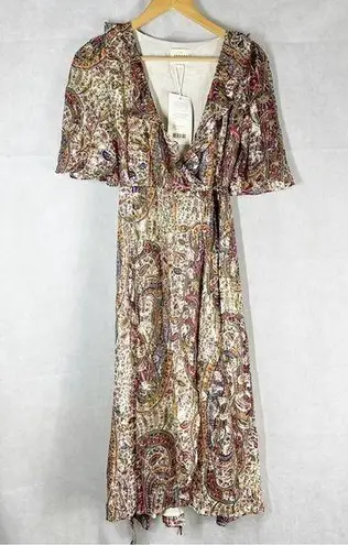 Sézane Paula Metallic Shimmer Silk Midi Dress Paisley Size US 2