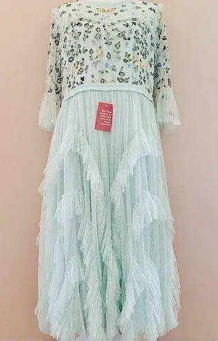 Ivy City Co Mint Green Purple Beaded Floral Embroidered Tulle Dress