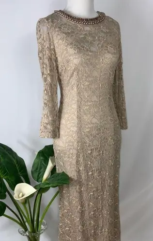 London Times Golden Tan Lace Overlay Midi Dress Rosegold Rhinestone Neck Size 4