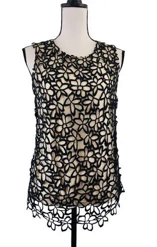 Neiman Marcus Lela Rose For Target Top Tan Silk Black Floral Netting S