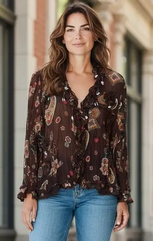 Essentials by Milano Womens Y2K Fairy Paisley Beaded Top Size XL Button Up Boho Brown