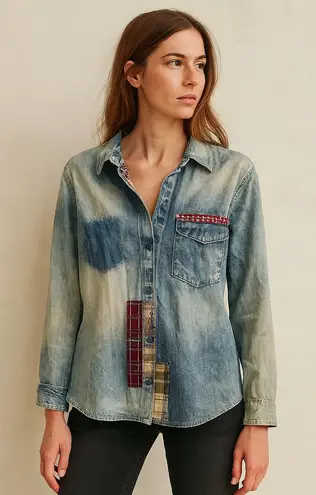 White Crow Blue Patchwork Denim Button Down Shirt M American Flag Western Detail