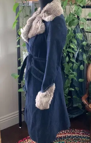 Vintage 70s Bullock's Wilshire Denim Rabbit Fur Belted Penny Lane Coat Size undefined