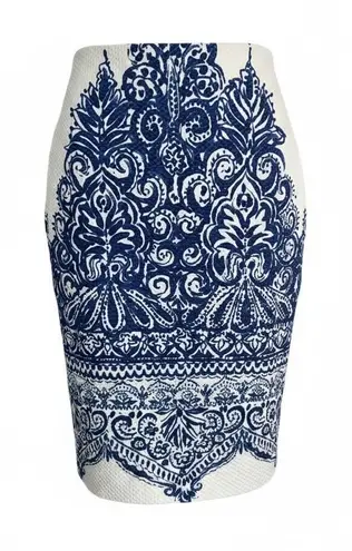 J.Crew No. 2 Pencil Skirt Blue White Baroque Print Lined Cotton Blend Women's 00 Size 00P