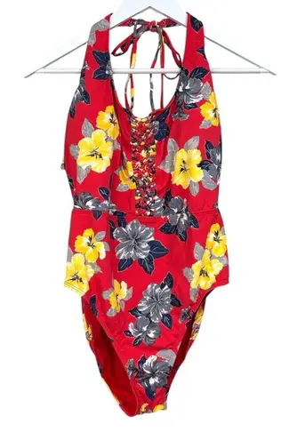 Ambrielle Ladies Red Floral Knotted Bathing Suit Halter Neck Size XL NWT