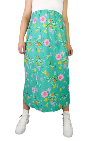 Vintage Vibrant Retro Floral Maxi Skirt Large Granny Pastel Easter Green