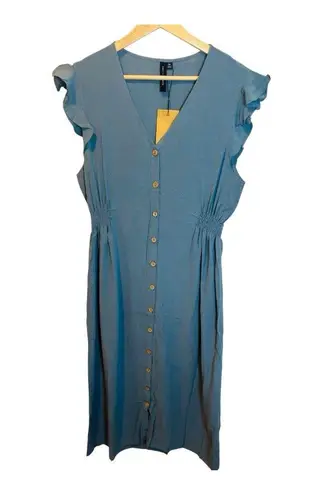 Knot Sisters Tori Dress Large Midi Blue Cap Sleeves Button Front Linen Blend