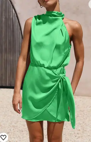 PRETTYGARDEN Women's Short Formal Satin Dress Summer Sleeveless Mock Neck Tie Waist Cocktail