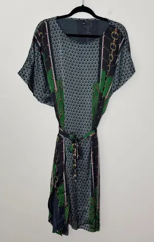 Japanese Brand Silk Blend Chain Print Dress Belted Green Black Short Sleeve XL