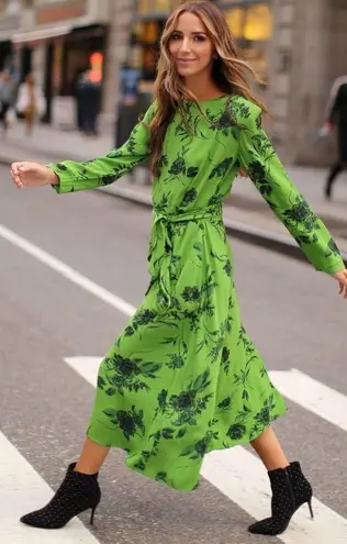 Something Navy Green Black Floral Long Sleeve Midi Dress Tie Waist Pockets S