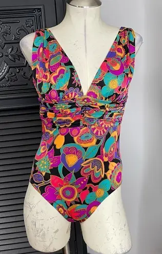 Oscar de la Renta Oscar De La Renta Retro Floral One Piece Plunge Multicolor Swimsuit 8