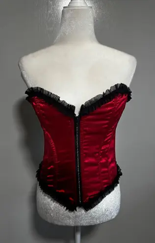 Vintage Red Black Satin Corset Bustier Top Rhinestone Zipper Ruffle Coquette.com Size M