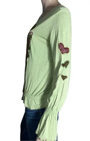 PSSSY Folk Collection Women’s Size M L Light Green Amor Heart Embroidered Top Size M