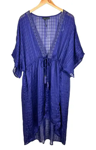 Club Z Collection Sheer Checkered Blue Swim Cover Up Kimono Eyelet Embroidery 2X