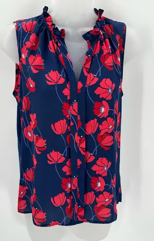 41 Hawthorn Orlee Blouse Womens Petite XS Poppy Floral Ruffle Neck Sleeveless Blue
