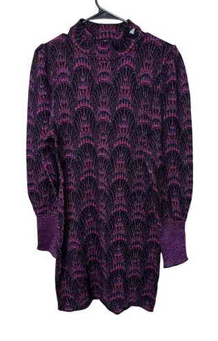 Nenette Milano Black Purple Geometric Metallic Mock Neck Sweater Dress Size M Size M