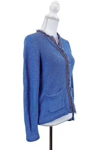 J. McLaughlin  Sweater Medium Womens Blue Knit Fringe Trim Cardigan Jacket