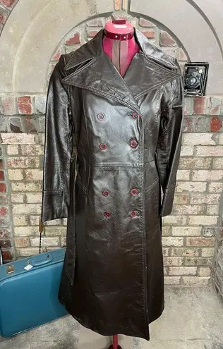 leather trench coat brown double breasted Vintage 1970s sz 7