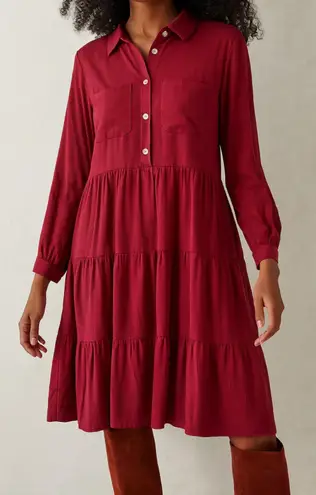 Leia n Co sz L Womens Maroon Tiered Collared Long Sleeve Button Midi Dress Fall Red Size L