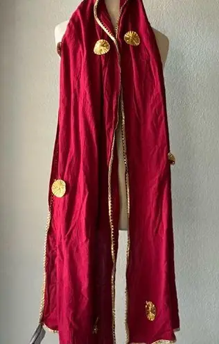 Elegant Red Velvet Shawl with Gold Lace Accents Women's Wrap