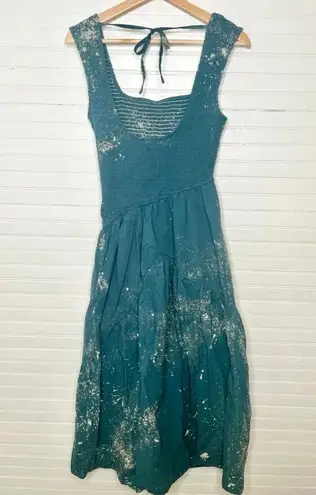 Nikki Lund Smocked Blue and Cream Bleach Splatter Sleeveless Midi Dress S