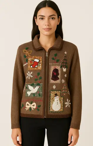 Victoria Jones XL Christmas Cardigan – Ugly Christmas Zip Up, Appliqué Holiday