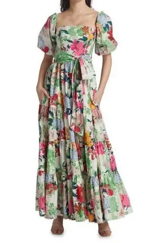 Cara Cara Wethersfield Belted Cotton Poplin Floral Print Tiered Maxi Dress 0 Green