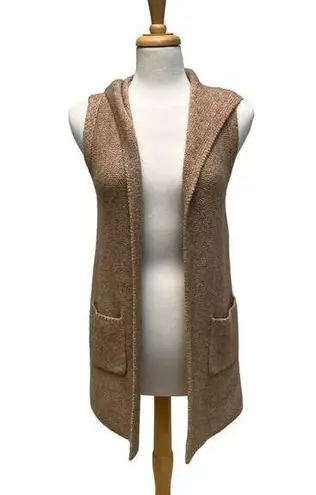 Elie Tahari Tahari Cardigan Vest XS Wool Blend Open Sweater Tan Pockets Hooded Minimalist