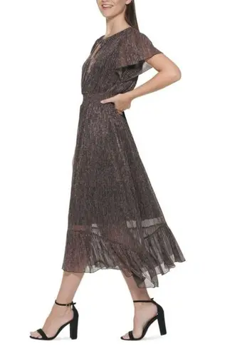 Kensie  Black and Bronze Metallic Smocked Midi Dress