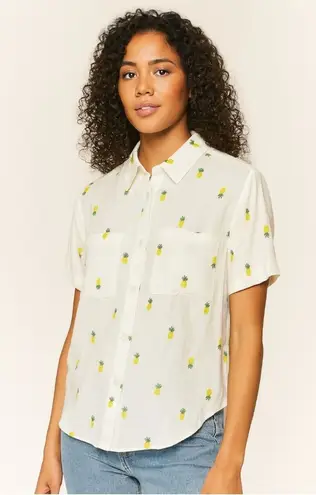 Rae Dunn NWT Pineapple Print Linen Blend High Low Button Up Top - Small
