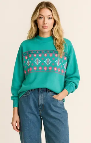 Vintage Eileen & Company Green Mock Neck Fair Isle Knit Argyle Sweater Sz Large