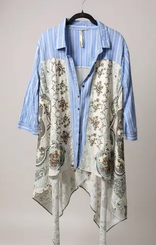 Aratta Silent Journey Mixed Print Boho Button Down Shirt Blue Floral Women's M Size M