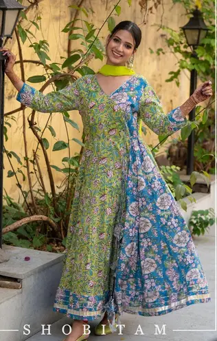 Shobitam 6M Flare Lime Green & Ferozi Angrakha Anarkali Dress Multiple Size XL
