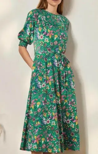 Boden Smocked Neck Jersey Midi Dress Highland Green Floral size 8 No Belt