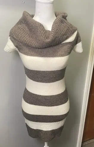 Next Era Couture Women's Cowl Neck Short Sleeve Brown White Stripes Sweater Med