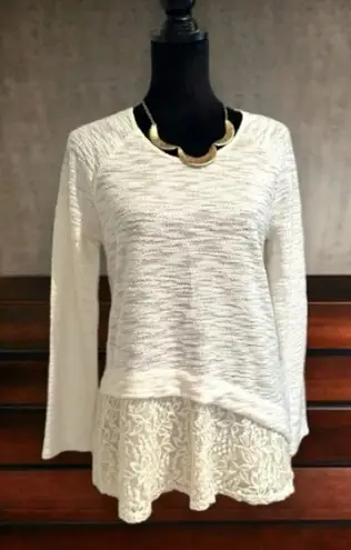 Cloth & Portrait Asymmetrical Cream Lace Accent Sweater Women's Small Boho Chic White