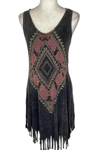 Vocal fringe rhinestone tank dress, size small acid wash aztec graphic boho midi