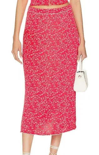 For Love & Lemons Barbera Midi Skirt in Red Floral Midi Skirt Lace Trim Large