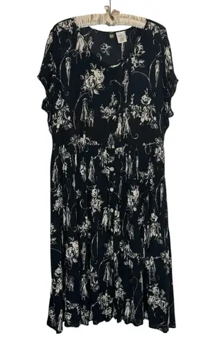 Bila Black Toile Floral Gauze Midi Dress XL Boho Button Front Tie Back Rayon