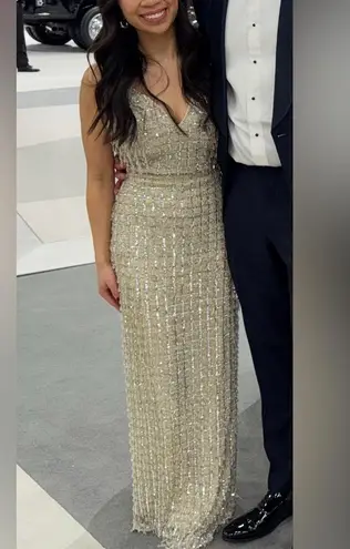 Mac Duggal #5394 GEOMETRIC EMBELLISHED CRYSTAL DROP VNECK GOWN Chandelier petite