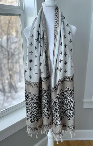 Vintage Tan White Brown Block Print Scarf with Fringe